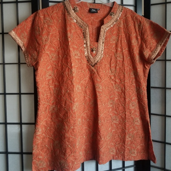 Embroidered embellished orange and gold top - Picture 1 of 7
